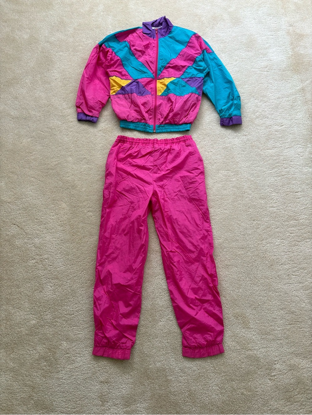 Vintage JPI Company retro geometric pink windbreaker tracksuit sz 14 jr girls